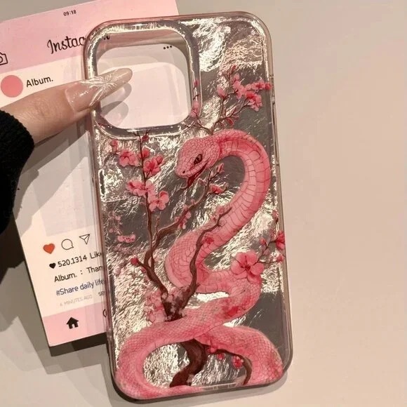 Apple Pink Snake and Cherry Blossom Phone Case - Picture 2 of 2